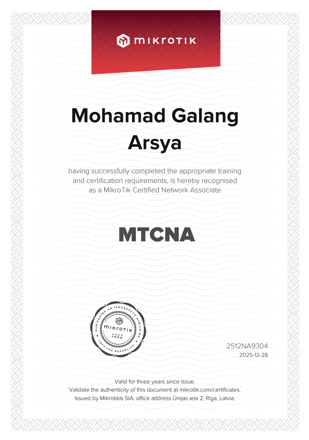 MTCNA Certificate